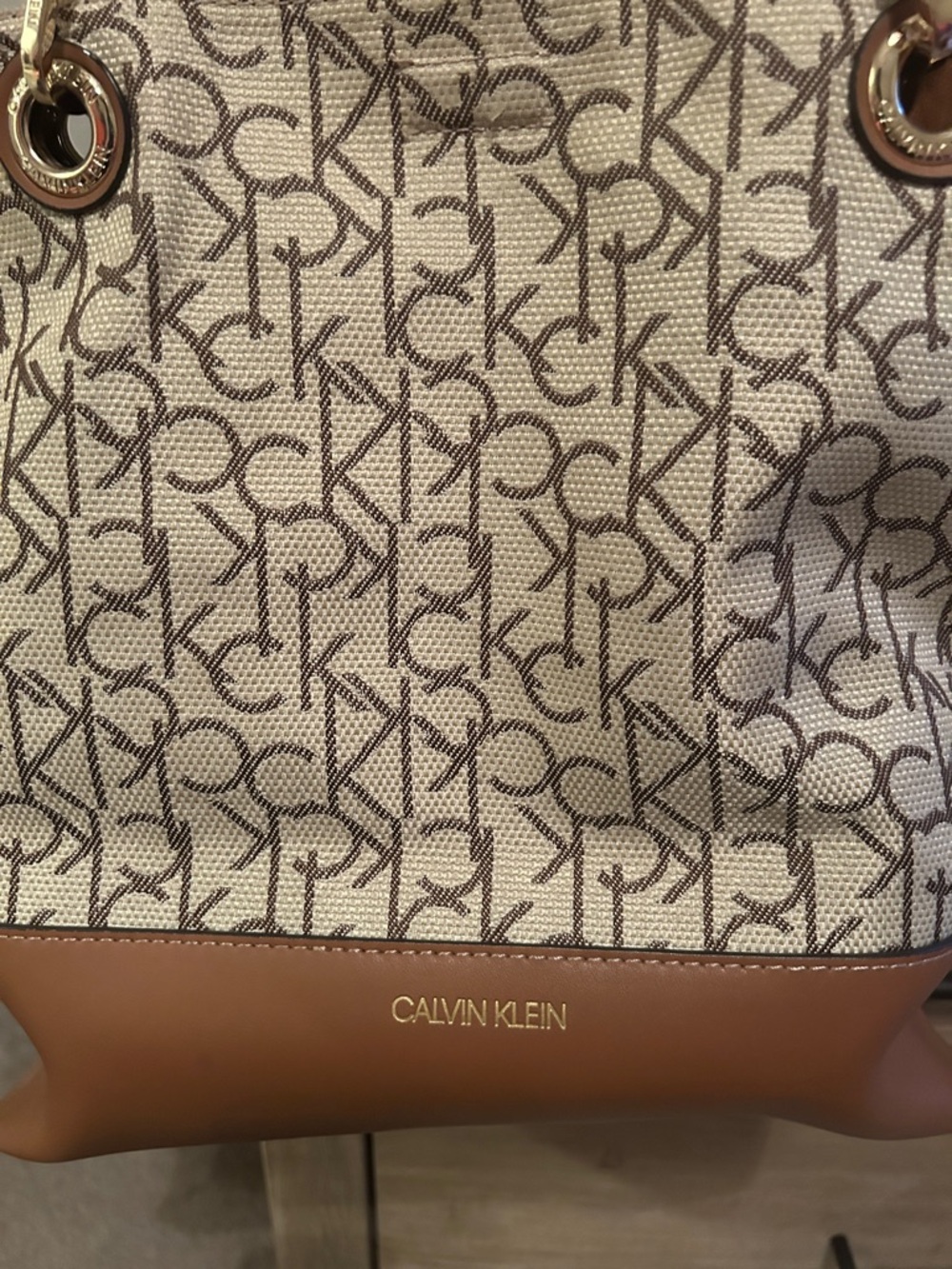 Calvin Klein Brown and Ivory Signature Logo Tote - Picture 2 of 11